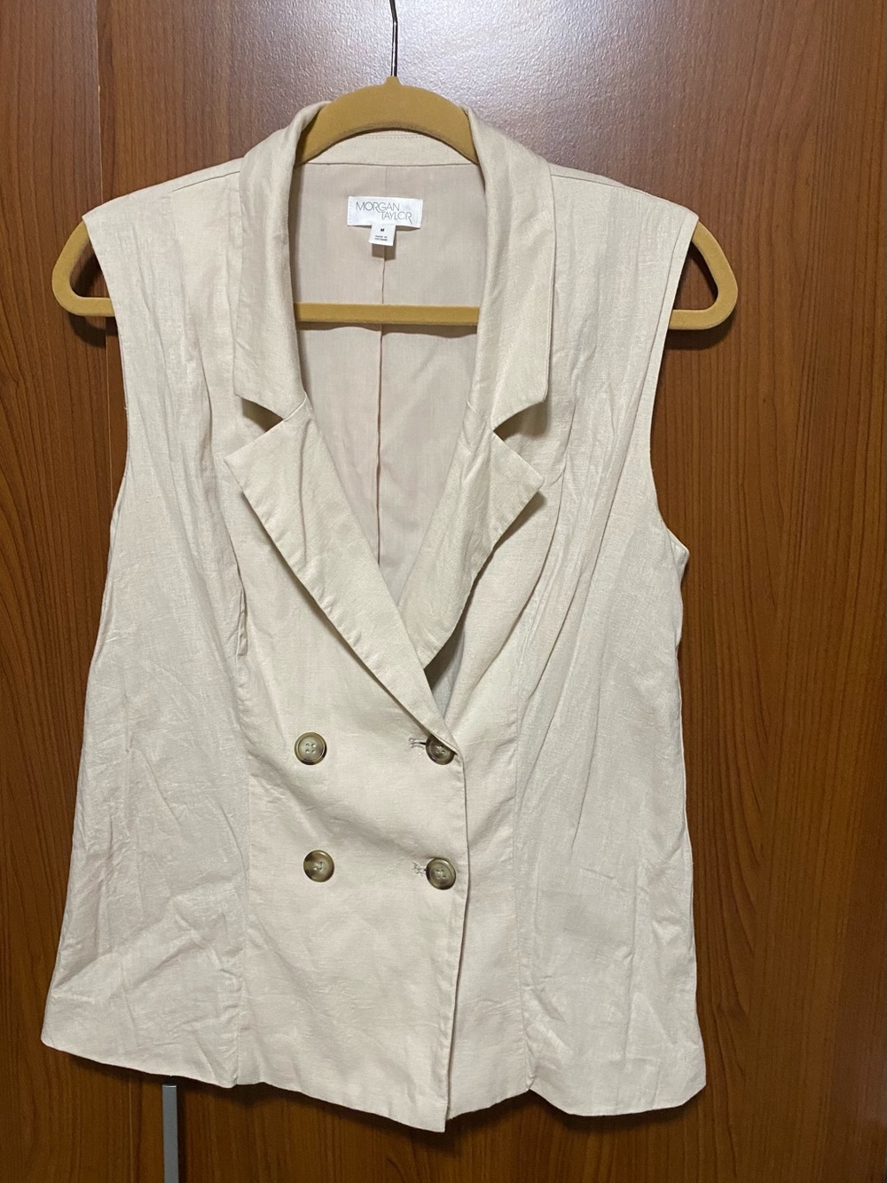 Morgan Taylor Cream Double-Breasted Sleeveless Linen Blend Blazer Vest Medium